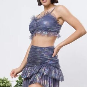 Ariel Ruffle 2-PC Skirt Set Metallic Sequin Pleated Puffy Mini Skirt + Top S Y2K